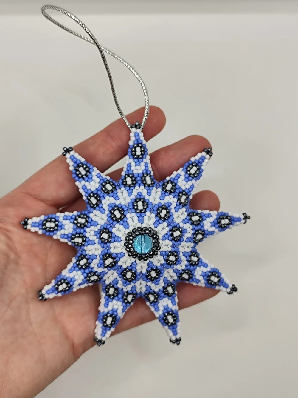 Beaded Starburst Ornament in Blue, White & Black - Holiday Hanging Decoration